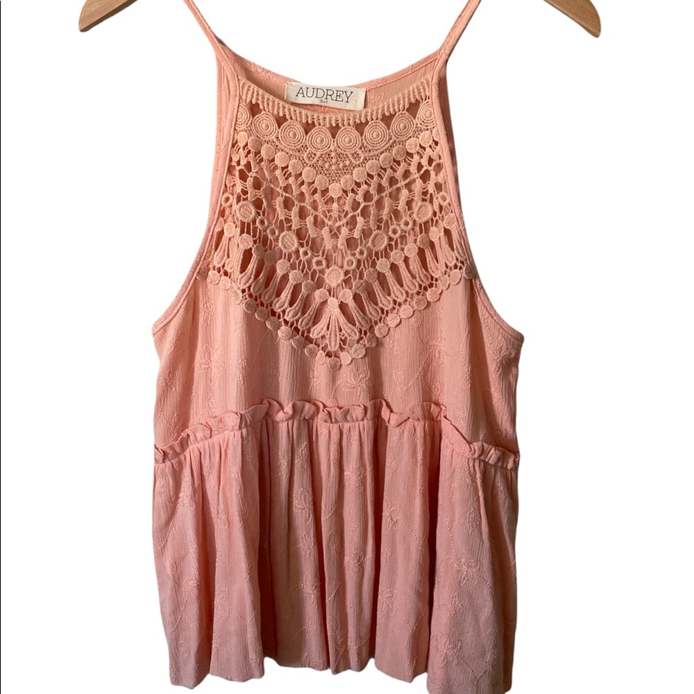 Audrey 3+1 peach Crochet Medium peplum Tank Top